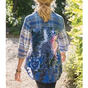Soft Surroundings Blue Floral Silk Burnout Velvet Flannel Shirt Kingsley Top